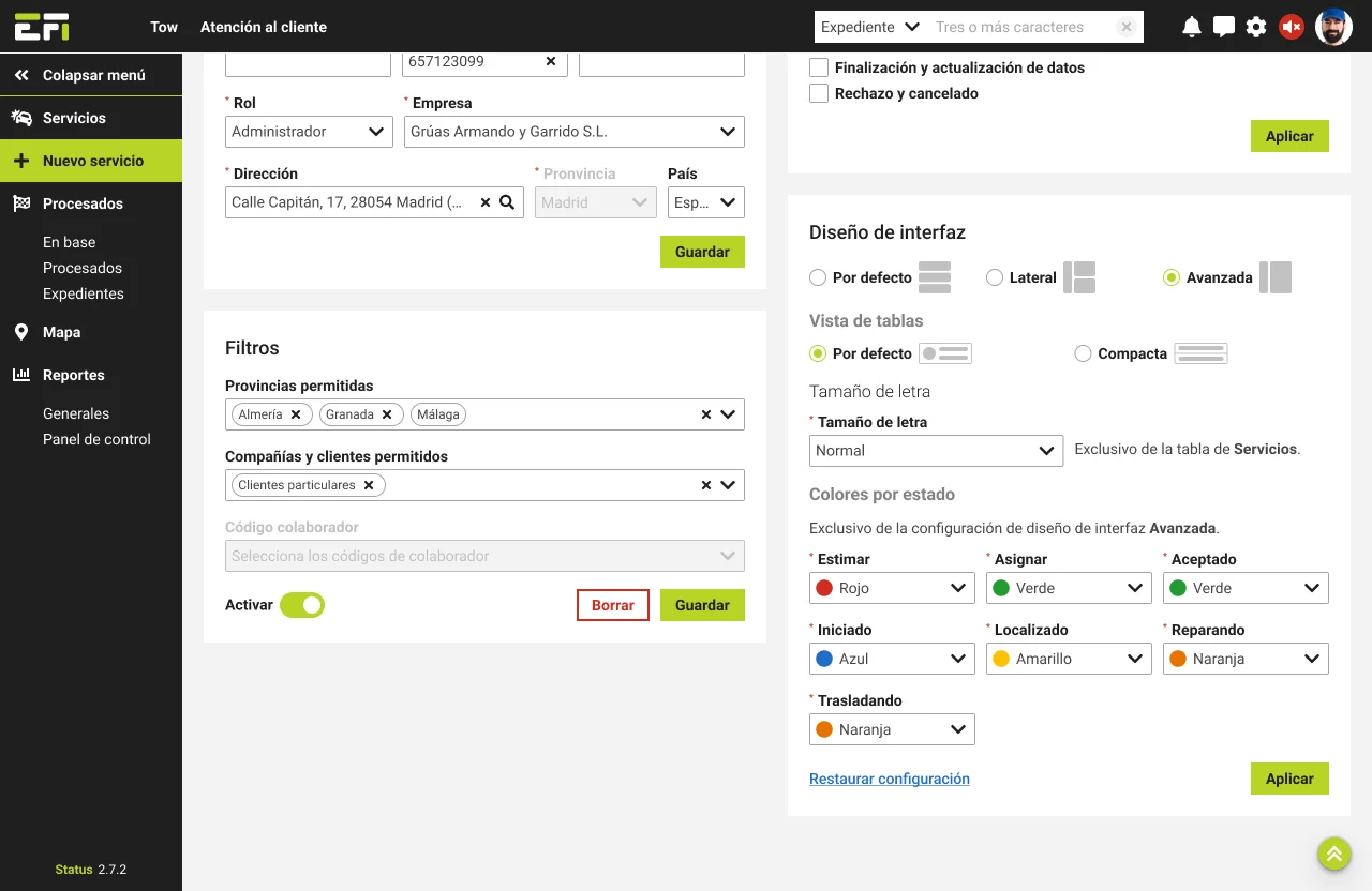 Configuración de la vista Avanzada en el perfil del usuario.