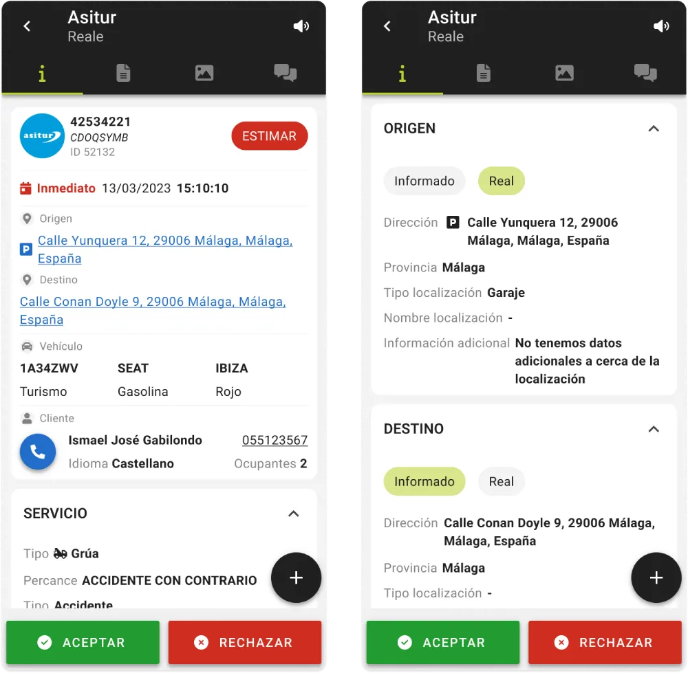 Detalle de servcio de grúa en iOS y Android.