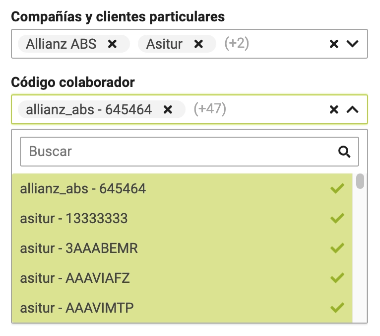 Filtros por compañía y código de colaborador.