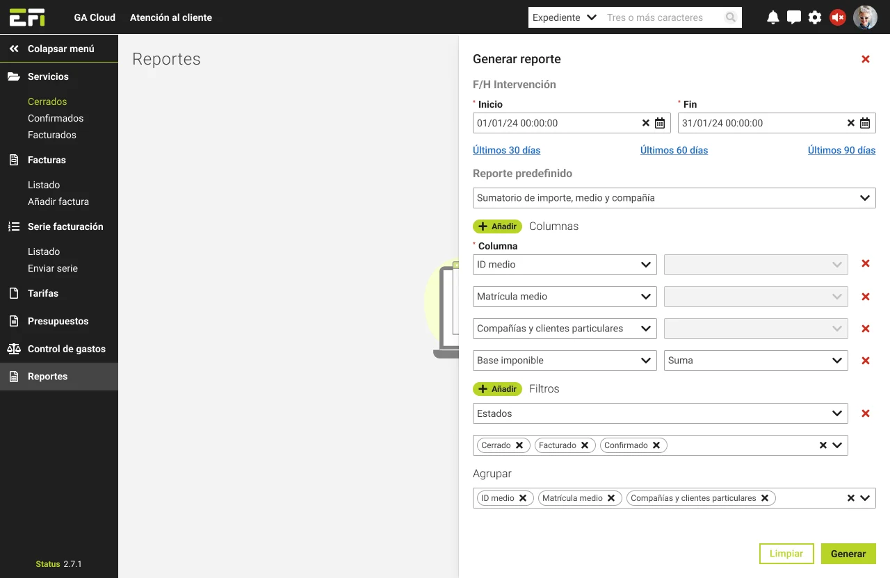 Apartado Reportes en GA Cloud.
