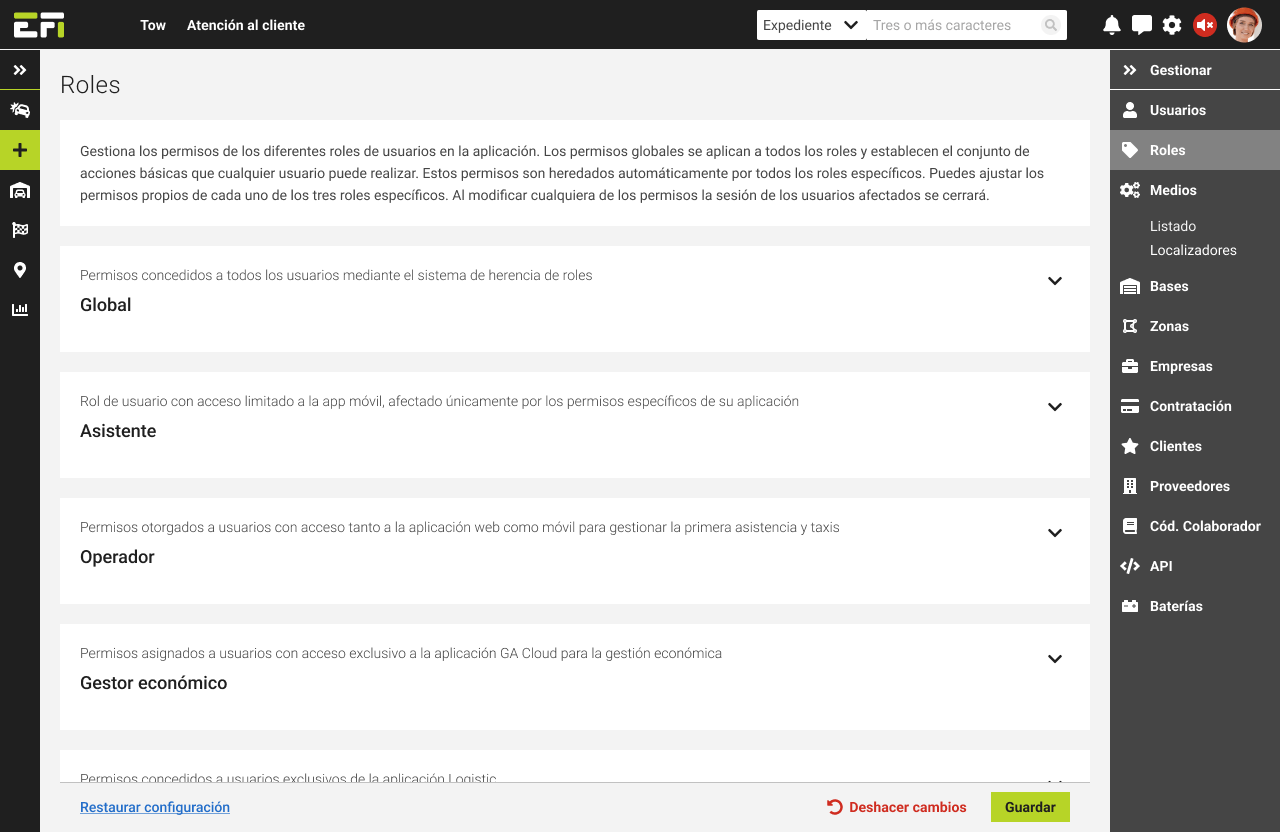 Sección 'Roles' del apartado 'Gestionar', disponible para administradores.