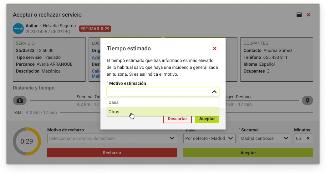 Ventana emergente de estimación