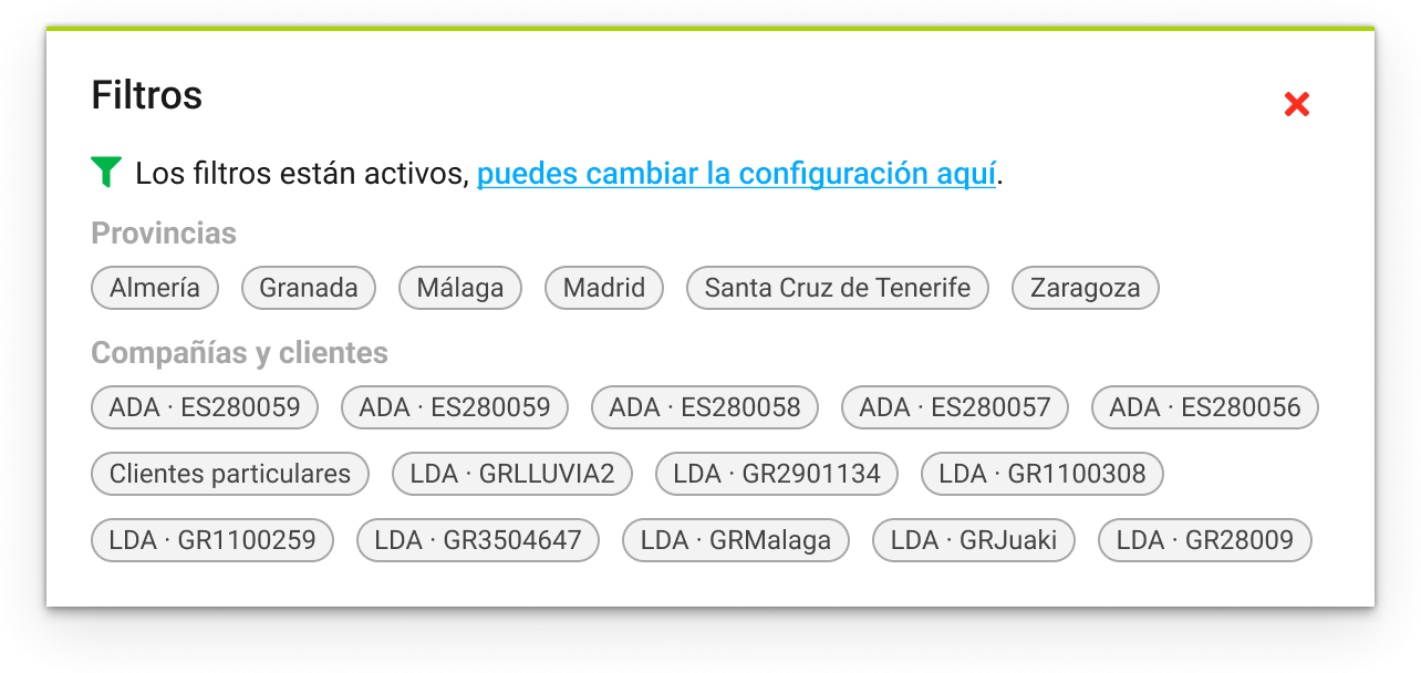 Ventana para la visualización de filtros aplicados.